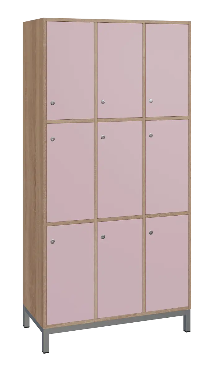 SBS-3333 šatní skříň 9-boxová, 1800x900x400 mm, kovové nohy, korpus dub bardolino, dvířka pastelově růžová